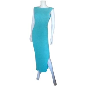 ANNA QUAN | Drew Rib Knit Bodycon Midi Dress Left Slit Blue US 12